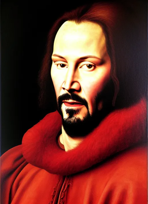 Image similar to portrait of keanu reeves, oil painting by jan van eyck, northern renaissance art, oil on canvas, wet - on - wet technique, realistic, expressive emotions, intricate textures, illusionistic detail