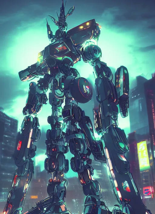 Image similar to intricate digital artwork of a giant japanese anime mecha by by nuthin'but mech, by kallamity sketchbook, inspired by nier : automata, neon city background, octane render, cgstation, 4 k resolution