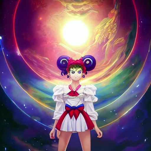 Prompt: highly detailed vfx portrait of sailor moon!!! by eiichiro oda!, stephen bliss, greg rutkowski, loish, rhads, beeple, makoto shinkai, tom bagshaw, alphonse mucha, sharp focus, art by artgerm and greg rutkowski, stanley kubrick, backlit, harsh overhead sunlight,