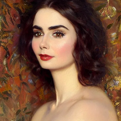 Prompt: detailed portrait of lilly collins in black clothes, spring light, painting by gaston bussiere, craig mullins, j. c. leyendecker