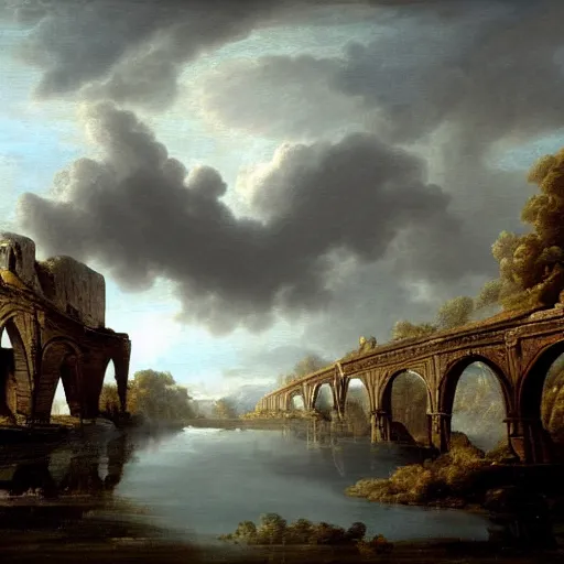 Prompt: digital fantasy of ruined with crystal openwork lace bridge aqueduct at mountain painting by hubert robert high resolution devianart detailed, dreamy, clouds, river