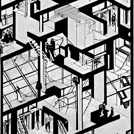 Prompt: a m. c. escher style drawing of influencer culture