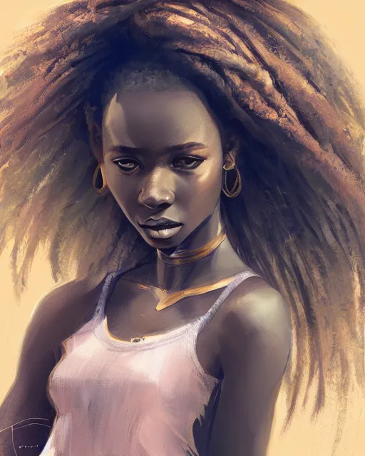 Image similar to portrait of a beautiful african girl, flowy blonde hair, cinematic lighting, highly detailed, digital painting, trending on artstation, pixiv, concept art, sharp focus, illustration, art by ross tran and wlop