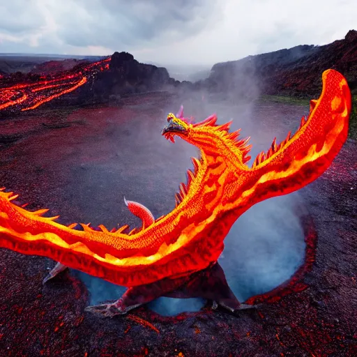 Prompt: shot of a mythological western fantasy dragon bathing in lava, cryptid, unexplained phenomena, drone photography, 8k