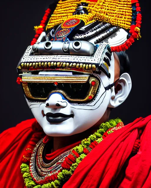 Image similar to photo of a Dramatic Kathakali male character with traditional headgear painted face wearing futuristic robocop LED goggles and futuristic robot armour with wide traditional ghaghra in the style of stefan kostic, full body, realistic, sharp focus, symmetric, 8k high definition, insanely detailed, intricate, elegant, art by stanley lau and artgerm, Hajime Sorayama, William-Adolphe Bouguereau