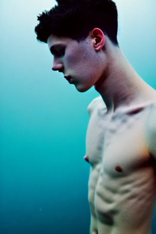 Image similar to high quality pastel coloured film mid angle docu photograph of a beautiful young 2 0 year old male, soft features, short black hair, swimming in an icelandic black rock pool environment. atmospheric. three point light. photographic. art directed. ( pastel colours ). volumetric light. clearcoat. waves glitch. 8 k. filmic.