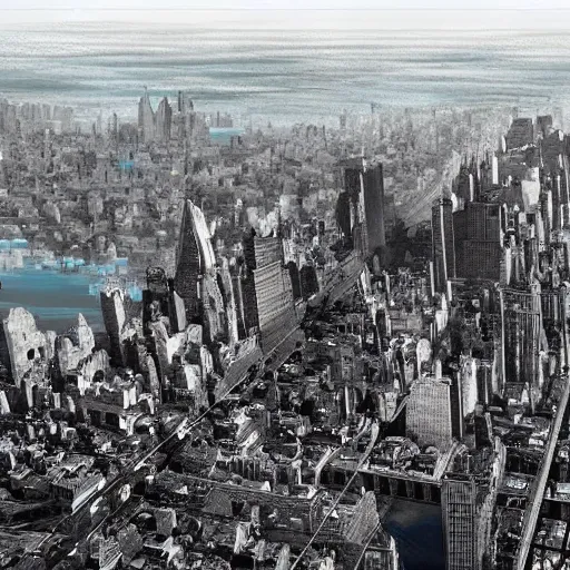 Image similar to A realistic photograph of New York City underwater as a result of climate change, 2052