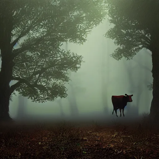 Image similar to Highly realistic painting of a cow standing in the middle of a dark forest, oak trees, fog, moody lighting, volumetric lighting