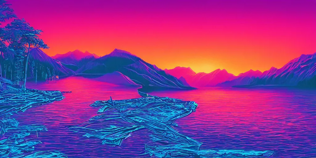 Image similar to beautiful award winning synthwave painting of a canadian lake, extreme detail, digital art, 4 k, ultra hd