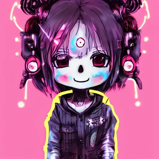 Image similar to portrait of a grungy skull anime and chibi very cute doll by super ss, cyberpunk fashion, nendoroid, kawaii, curly pink hair, night sky, looking up, swirly clouds, neon yellow stars, by wlop, james jean, victo ngai, muted colors, highly detailed