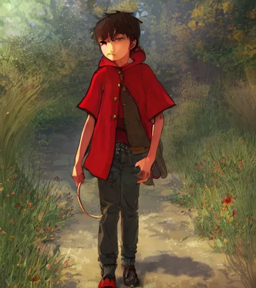 Image similar to attractive little boy character inspired in little red riding hood and cinderace, digital artwork made by akihiko yoshida and makoto shinkai