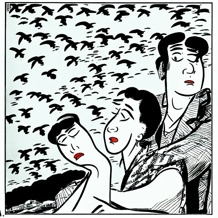 Image similar to a still frame from comic strip, birds dancing clouds 1 9 5 0, herluf bidstrup, new yorker illustration, monochrome contrast bw, lineart, manga, tadanori yokoo, simplified,