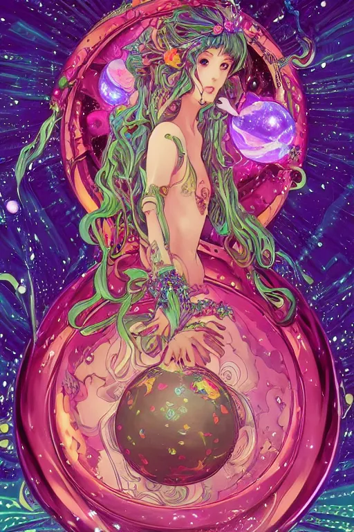 Image similar to psychedelic, acid trip, intricate, highly detailed, anime, 4k, beautiful seductive slime girl holding a huge orb containing the universe, with professional makeup, long trippy hair, surrounded by gems, underneath the stars, trending on patreon, deviantart, twitter, artstation, volumetric lighting, heavy contrast, by artgerm and Ilya Kuvshinov and alphonse mucha, interstellar galaxy