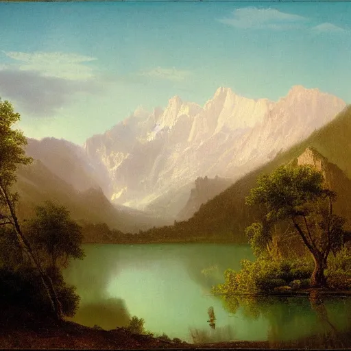 Image similar to epic landscape with mountains an lake, in the style of Albert Bierstadt