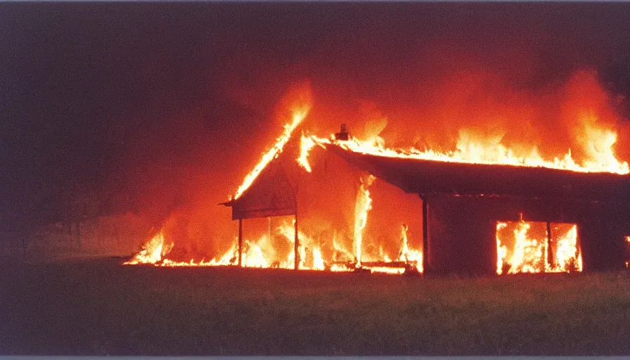 Image similar to 1 9 7 0 s movie still of a burning northern french house in a field, cinestill 8 0 0 t 3 5 mm, high quality, heavy grain, high detail, texture, dramatic light, ultra wide lens, panoramic anamorphic, hyperrealistic