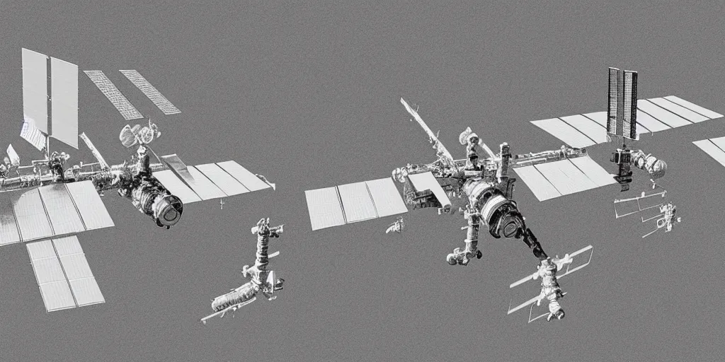 Image similar to a highly detailed graphite sketch of the international space station, with the sun reflecting off of it's windows, various refining methods