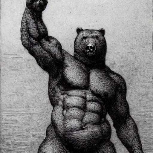 Image similar to full body grayscale drawing by Gustave Dore of muscled humanoid bear beast in heroic pose, swirling flames in background