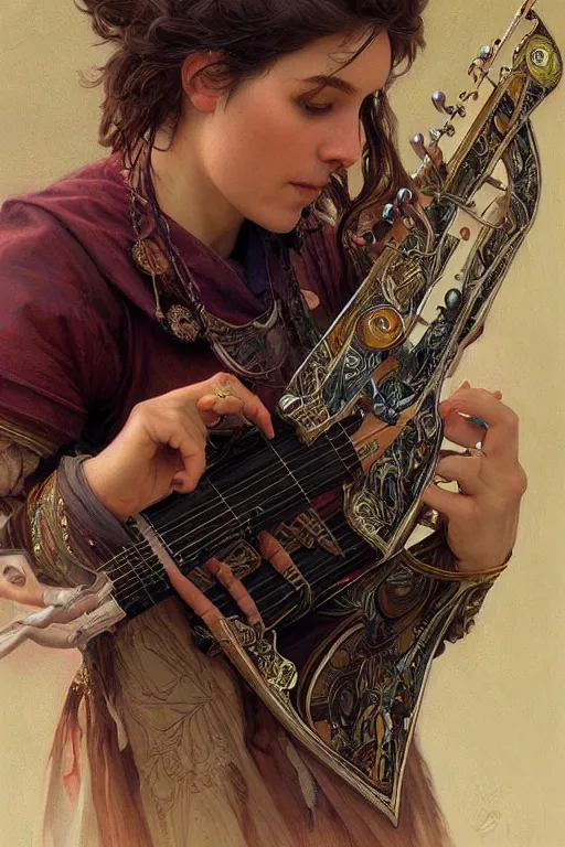 Image similar to portrait of a druid playing an electronic!!-musical-instrument, intricate, stunning, highly detailed, digital painting, artstation, concept art, smooth, sharp, focus, illustration, art by artgerm and greg rutkowski and alphonse mucha