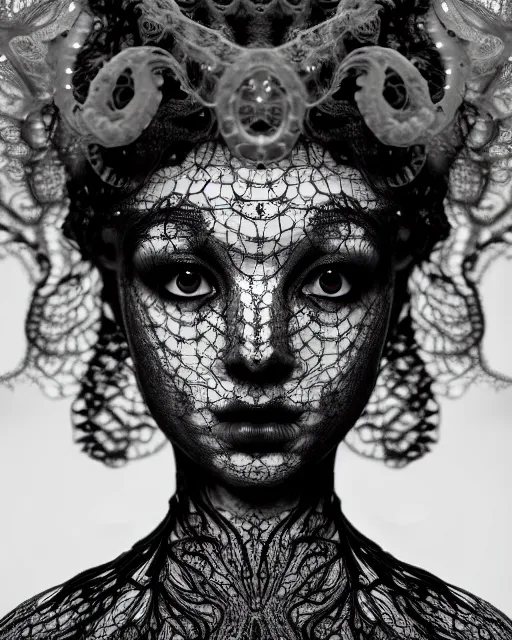 Image similar to surreal mythical dreamy artistic black and white fine art photo of a beautiful young female queen - medusa - cyborg covered with lace fish scales and translucent algae, highly detailed, intricate crystal ivy lace jelly fish scales ornate, poetic, octane render, 8 k, photo - realistic