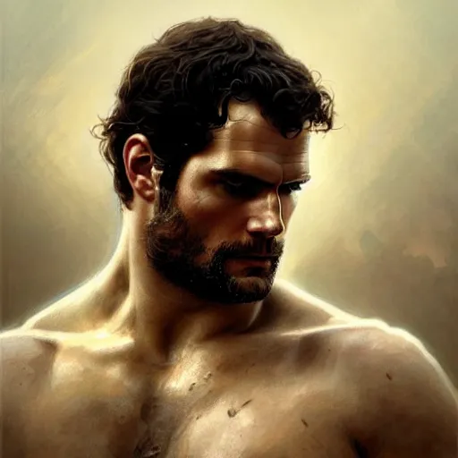 Image similar to henry cavill as a greek gladiator, gorgeous, amazing, muscular, intricate, highly detailed, digital painting, artstation, concept art, sharp focus, illustration, art by greg rutkowski and alphonse mucha