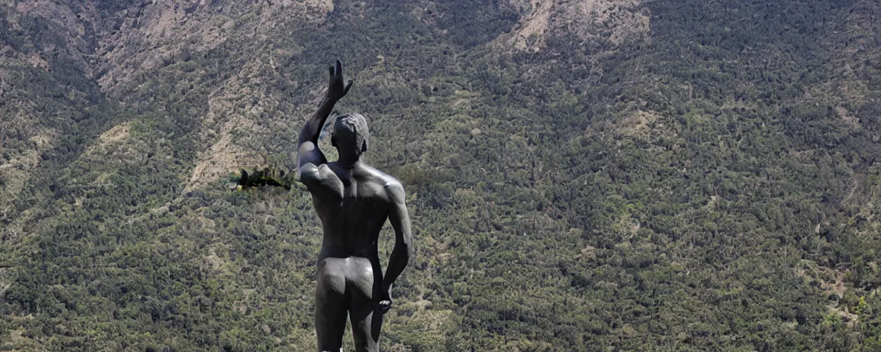 Prompt: A photograph of a large statue of a male athlete his head high and his hands stretched, symbolizing humanity, ambition and determination, photo taken from a large distance so that the full statue is visible overlooking a valley, high resolution image taken with a DSLR camera