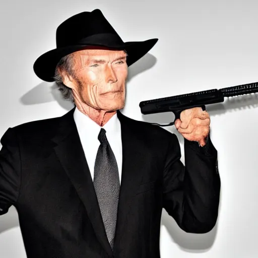 Prompt: clint eastwood in a black suit and black fedora hat. he has a desert eagle gun.