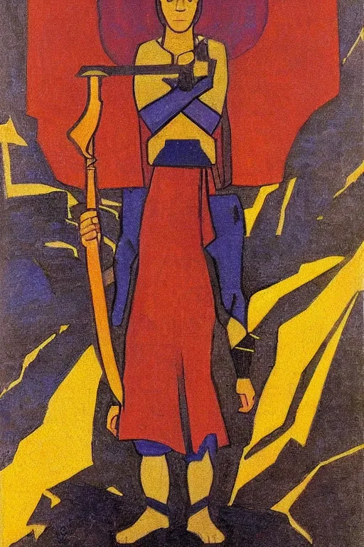 Image similar to thor with hammer, marvel, artwork by nicholas roerich,