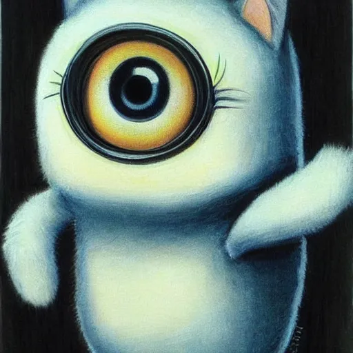 Prompt: A kitten minion by Margaret Keane