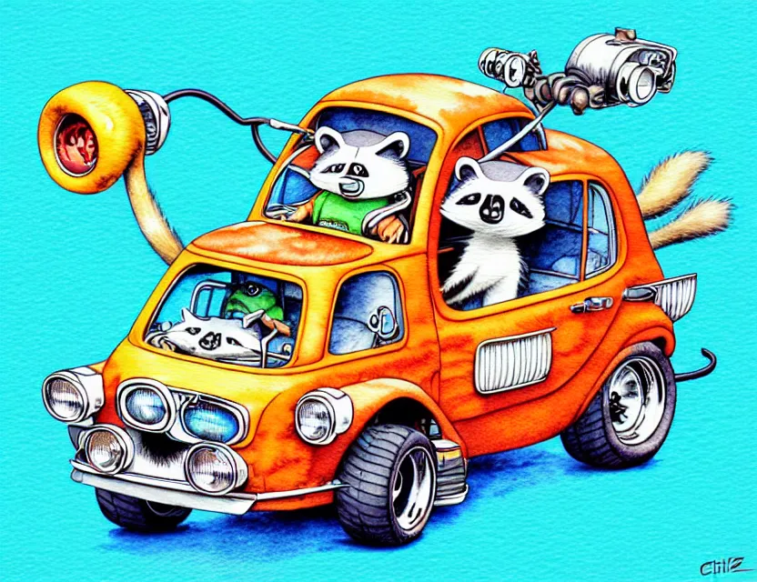 Image similar to cute and funny, racoon riding in a tiny hot rod with oversized engine, stickshift, ratfink style by ed roth, centered award winning watercolor pen illustration, isometric illustration by chihiro iwasaki, edited by range murata, tiny details by artgerm and watercolor girl, symmetrically isometrically centered