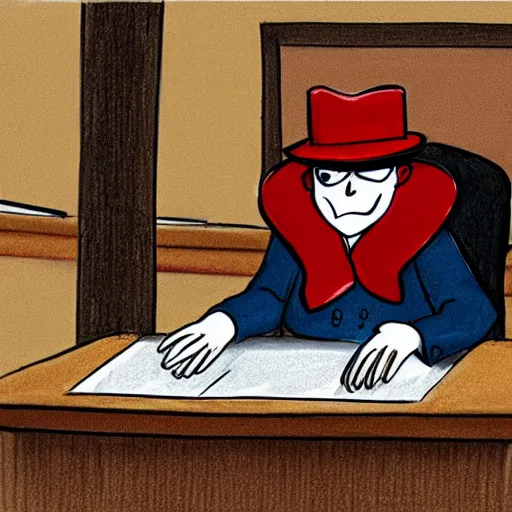 Prompt: court room drawing of the hamburglar testifying in court