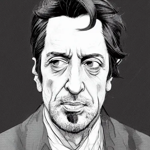 Prompt: a study of cell shaded portrait of Al Pacino concept art, llustration, post grunge, concept art by josan gonzales and wlop, by james jean, Victo ngai, David Rubín, Mike Mignola, Laurie Greasley, highly detailed, sharp focus, alien, Trending on Artstation, HQ, deviantart, art by artgem