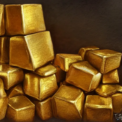 Prompt: a pile of golden ingots, fantasy art, trending on art station, highly detailed, hyper realism, art,