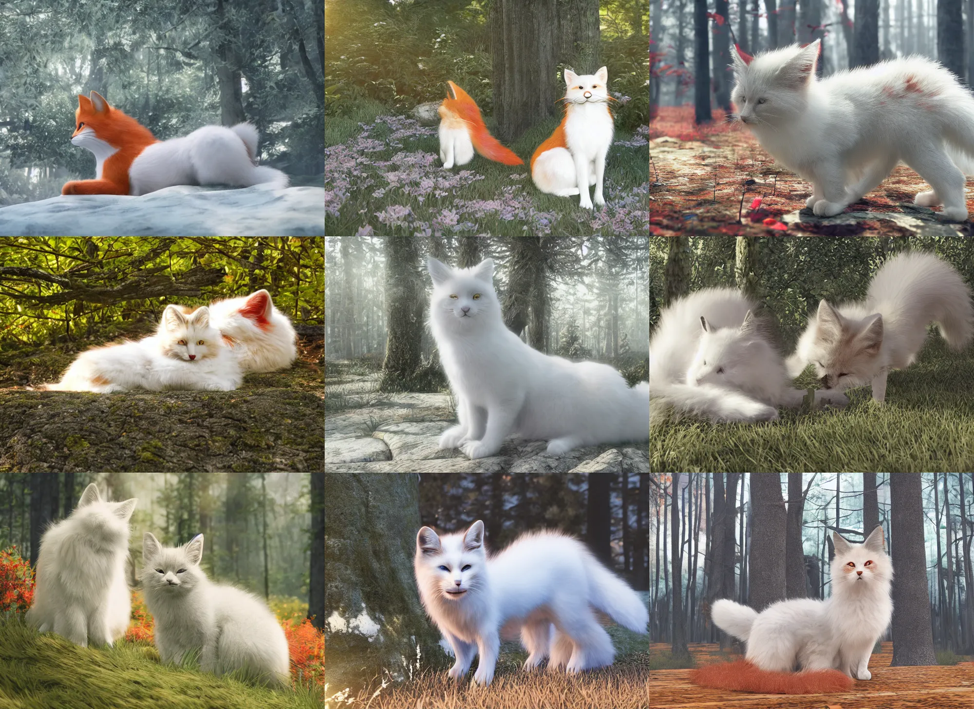 Prompt: white cat with fluffy red tail like fox tail lying at sunny forest, high detailed, hyper realistic, octane engine, miyazaki, ray tracing, leica 8 5 mm