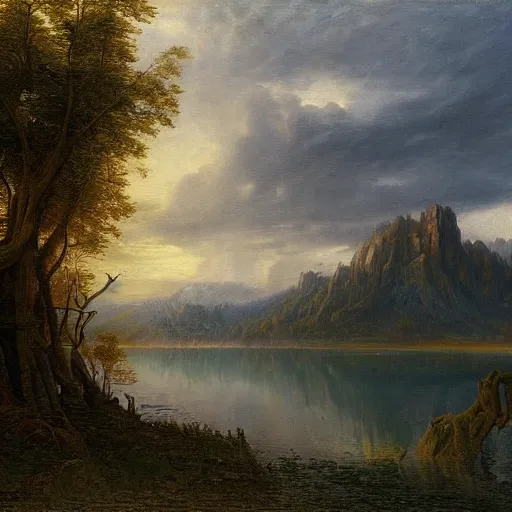 Prompt: an ethereal intricate and fantastically horrifying hyperdetailed painting of a lake by darrell bush, zaria forman, maxim grunin, carina francioso, jan van goyen, and caspar david friedrich 8 k resolution