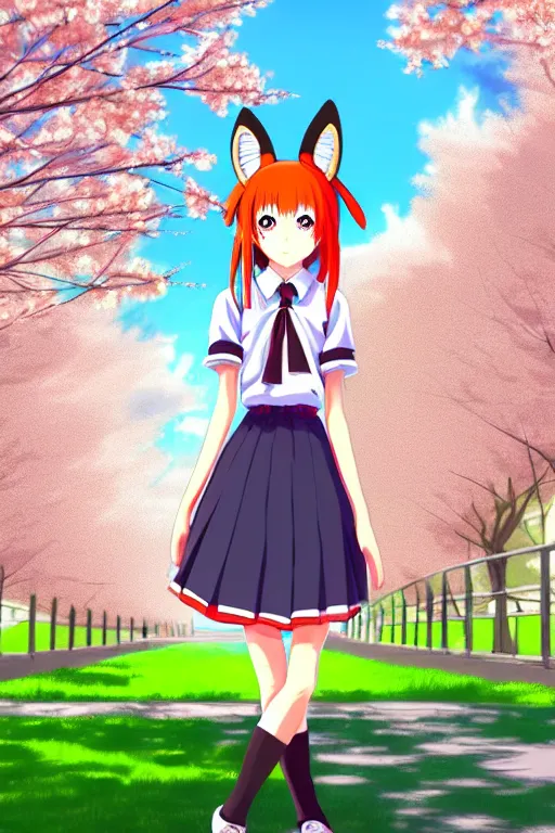 Image similar to digital art, centered full body of an anime school girl with fox headdress walking in the park surrounded by sakura, intricate artwork, studio Ghibli, charachter design, trending on artstation,