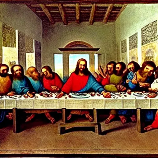 Image similar to The scene of the Last Supper of Jesus with the Twelve Apostles, the moment after Jesus announces that one of his apostles will betray him. Oil painting by Leonardo da Vinci, 1495.