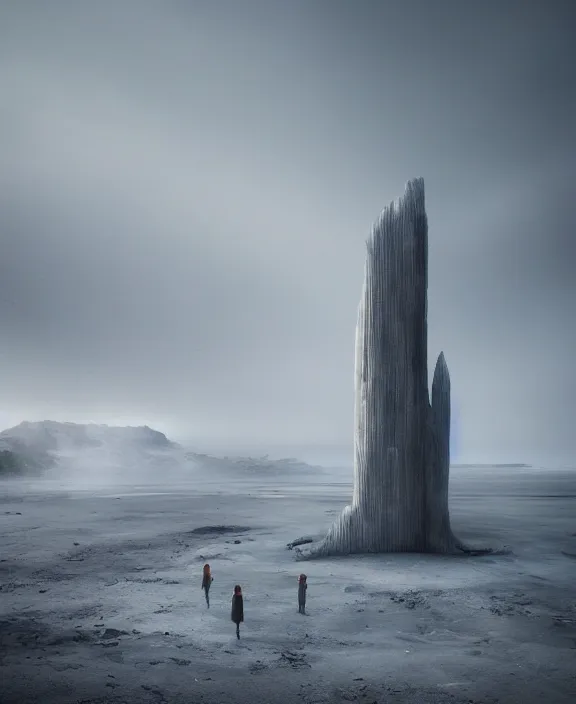 Image similar to surreal covenant deformation tower, futuristic berserk white architecture in the beach in iceland, foggy, highly detailed, digital painting, arstation, concept art, hyperealistic octane render, unreal engine,