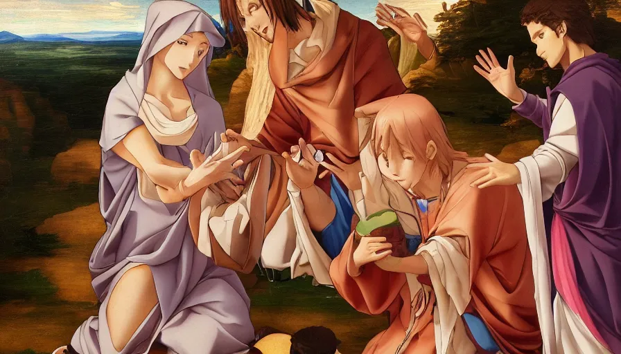 Prompt: jesus christ our lord and savior blessing a cute anime gir, photorealistic, anime, renaissance painting, hyper real, detailed, wide angle shot