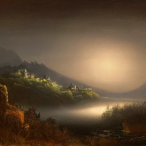 Prompt: an ultra detailed painting of a mysterious misty lagoon at night, far away behind it is a cliff with a dark castle on top of it with a few windows lit, dark forests surrounding, twilight, highly detailed, fantasy, realistic