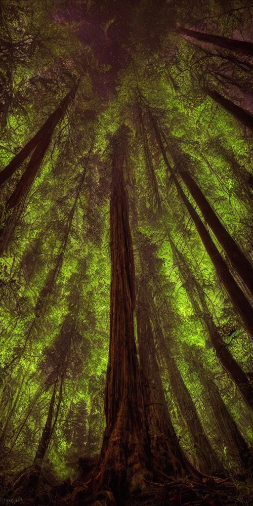 Prompt: numerous redwood trees faintly glowing in dark night jungle, wide angle shot, fantasy digital art, highly detailed