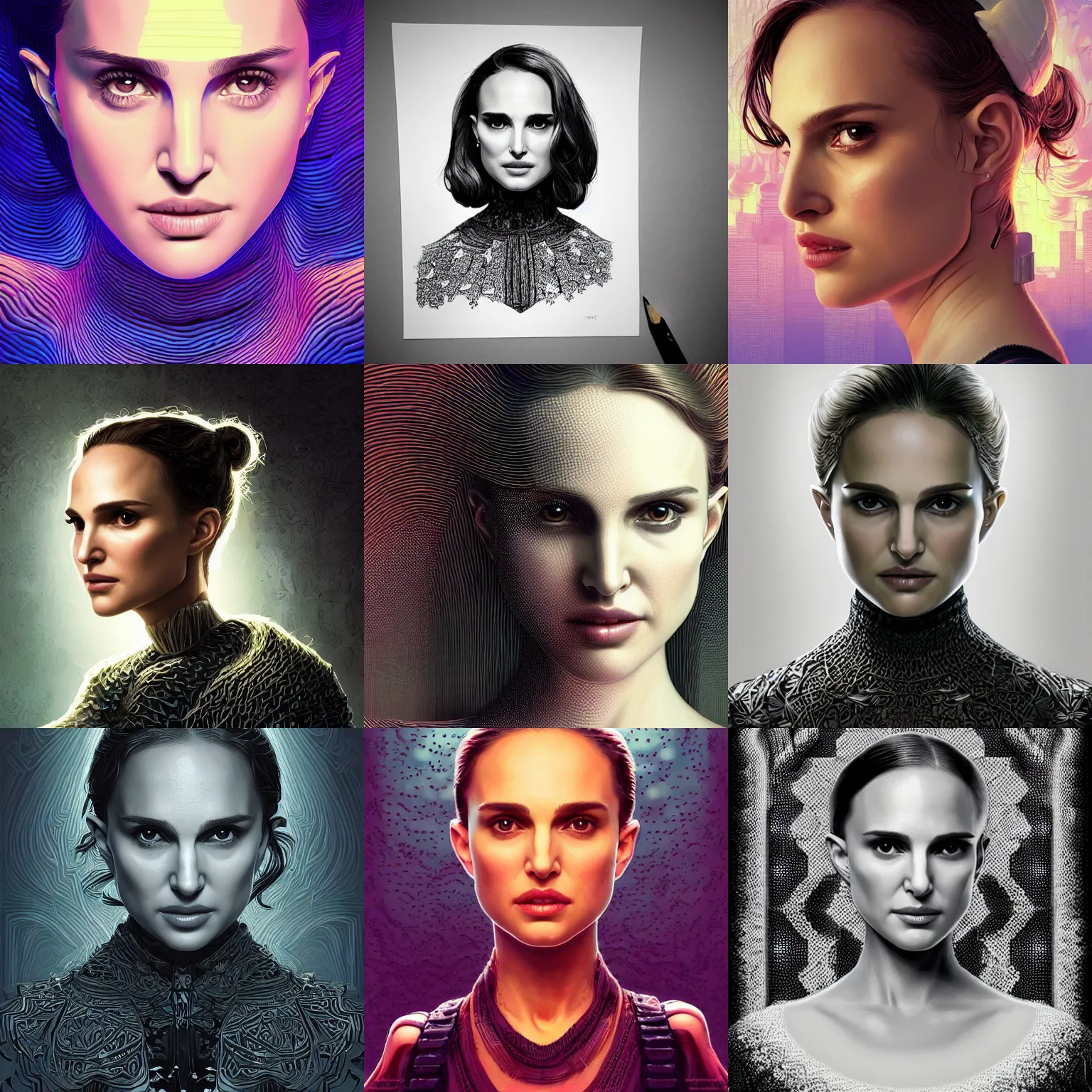 Prompt: portrait isometric drawing, printerest, natalie portman, intricate, epic lighting, cinematic composition, hyper realistic, 8k resolution, unreal engine 5, by Artgerm, tooth wu, dan mumford, beeple, wlop, rossdraws, James Jean, Andrei Riabovitchev, Marc Simonetti, yoshitaka Amano, Artstation