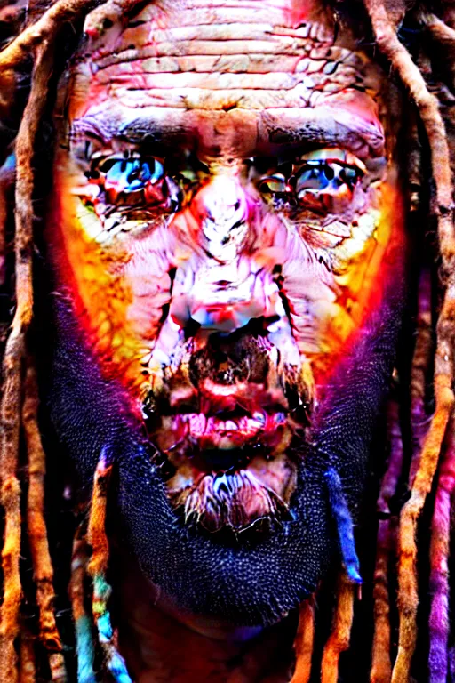 Image similar to hyperrealistic close - up portrait of psychedelic colorful acid neuro - shaman dreadlocks hippy highly detailed concept art eric zener elson peter cinematic hard lighting high angle hd 8 k sharp shallow depth of field, inspired by denis villeneuve and zdzisław beksinski