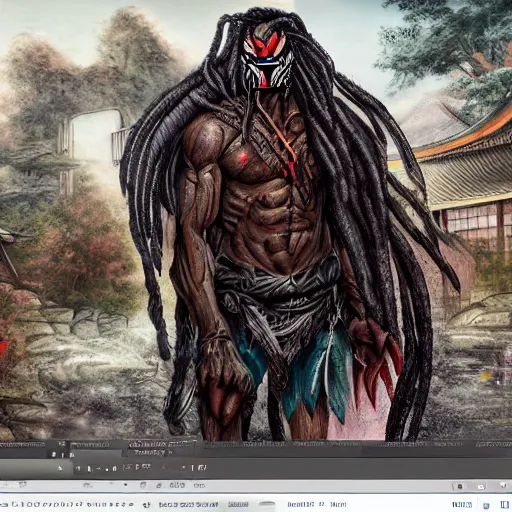 Prompt: digital paint of The Predator in an ancient Japanese town, trending on Artstation, hyperdetailed, dreadlocks