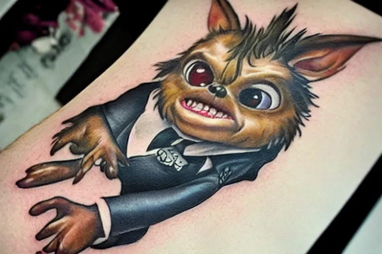 Image similar to a cute hyper realistic tattoo of gizmo from the movie gremlins wearing a wedding suit and looking happy. neo modern tattoo school, tattoo, dslr