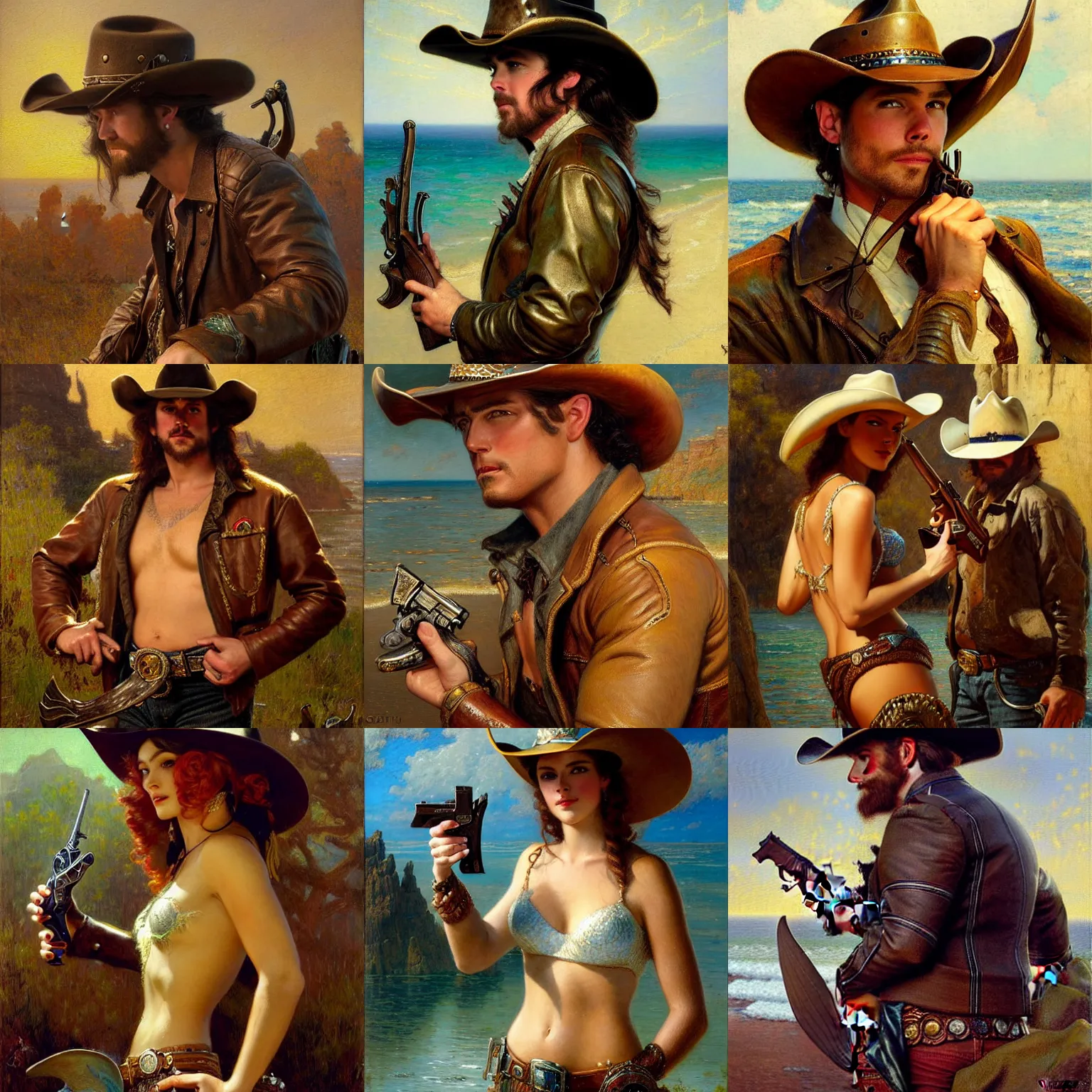 Prompt: a mermaid with a cowboy hat, leather jacket and a revolver, highly detailed painting by gaston bussiere, craig mullins, j. c. leyendecker 8 k