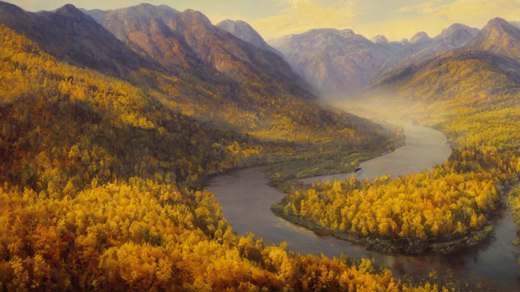 Prompt: The most beautiful panoramic landscape, oil painting, where the mountains are towering over the valley below their peaks shrouded in mist. The sun is just peeking over the horizon and the sky is ablaze with colors. The river is winding its way through the valley and the trees are starting to turn yellow and red, by Greg Rutkowski, aerial view