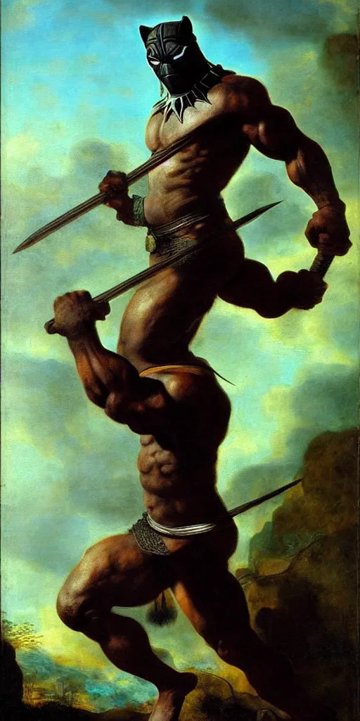 Prompt: muscular black panther barbarian hunter full body fighting pose, sun rays , small bird sihouettes in cyan background , very textured detailed oil painting by rembrandt , hard backlight , in dark cave