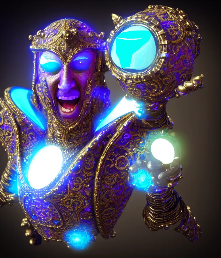 Image similar to front!!! shot of a court jester!!! character, hyperdimensional, bioluminescent hypercubes, dark holography!!!, future, chrome, (((intricate))), ((octane render, nvidia raytracing demo)), elegant, highly detailed, centered, (((artstation, concept art, smooth, sharp focus, artgerm, Tomasz Alen Kopera, Peter Mohrbacher, donato giancola, Joseph Christian Leyendecker, WLOP, Boris Vallejo))), mugshot!!!!!, ugly!!!!!!, octane render, nvidia raytracing demo, octane render, nvidia raytracing demo, octane render, nvidia raytracing demo, grainy, muted, 8K, digitalblasphemy, metatron