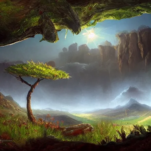 Prompt: large landscapes from another world, beautiful painting, very detailed fauna and flora, enhance lighting, the atmosphere is looking weird