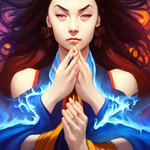 Image similar to Portrait of Fire Lord Azula, her left hand wreathed in blue flame, Avatar The Last Airbender, intricate, elegant, highly detailed, digital painting, artstation, concept art, smooth, sharp focus, illustration, art by artgerm and greg rutkowski and alphonse mucha and andrei riabovitchev